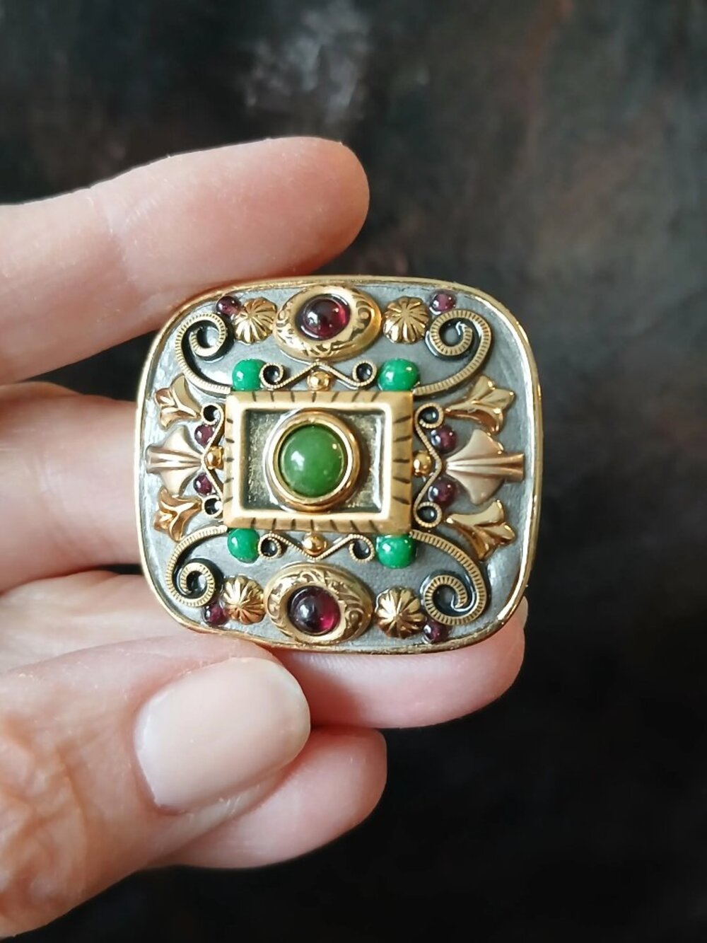 Vintage Michal Golan Signed Enamel Brooch Pendant, Green Purple Cabochons